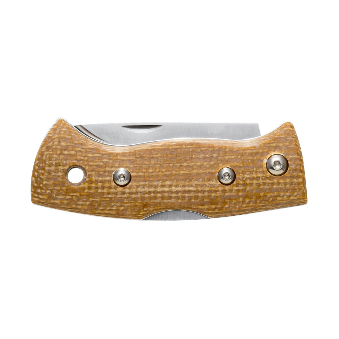 Helle Mustard Jute Micarta folding knife closed