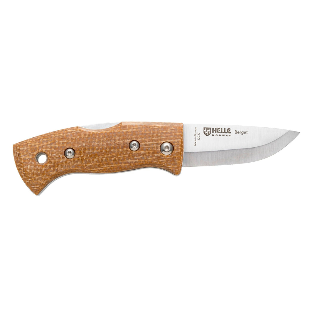Helle Mustard Jute Micarta folding knife opened