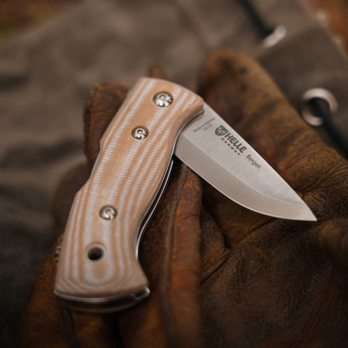 Helle Beige Canvas Micarta folding knife 