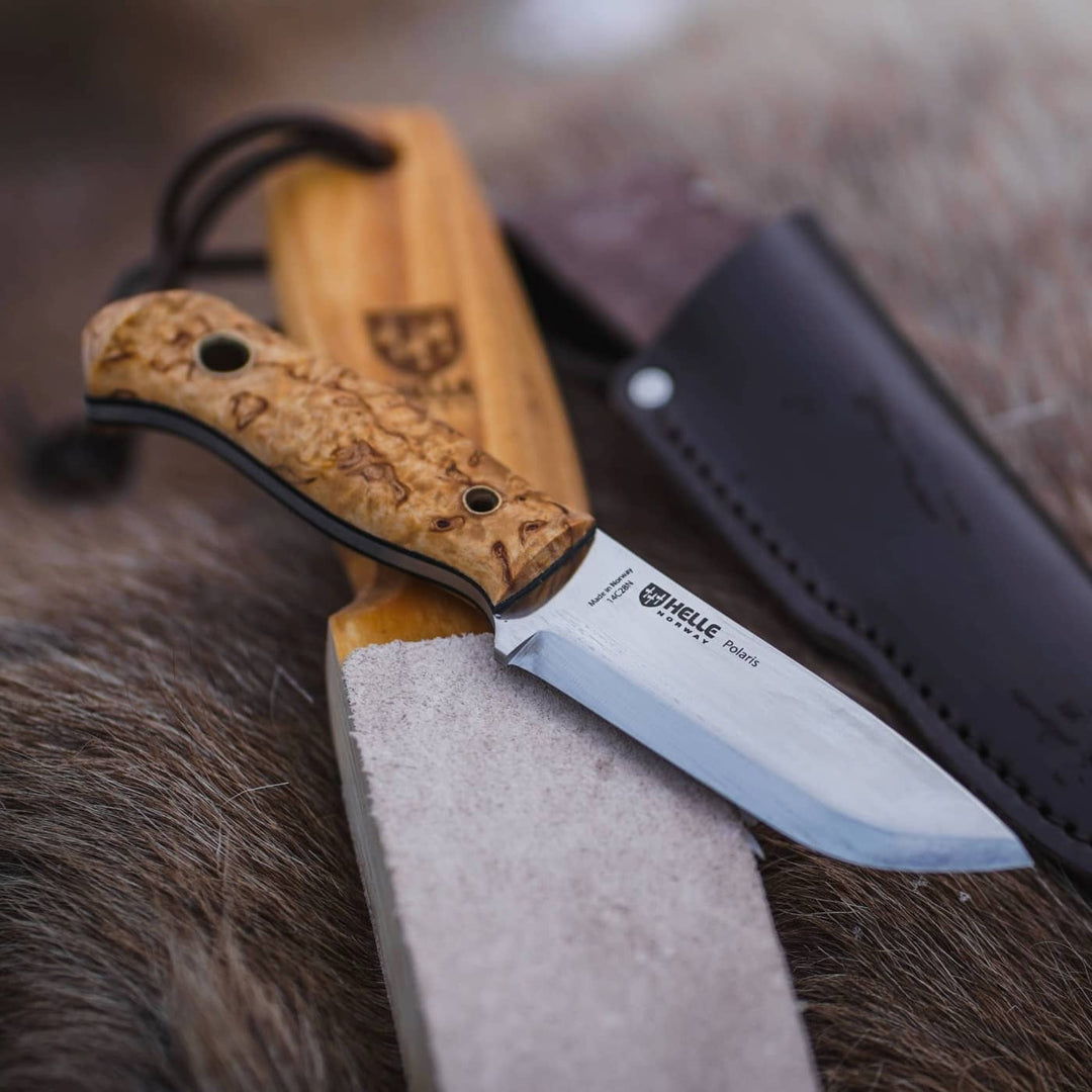 Helle Polaris knife with leather sheath and paddle strop