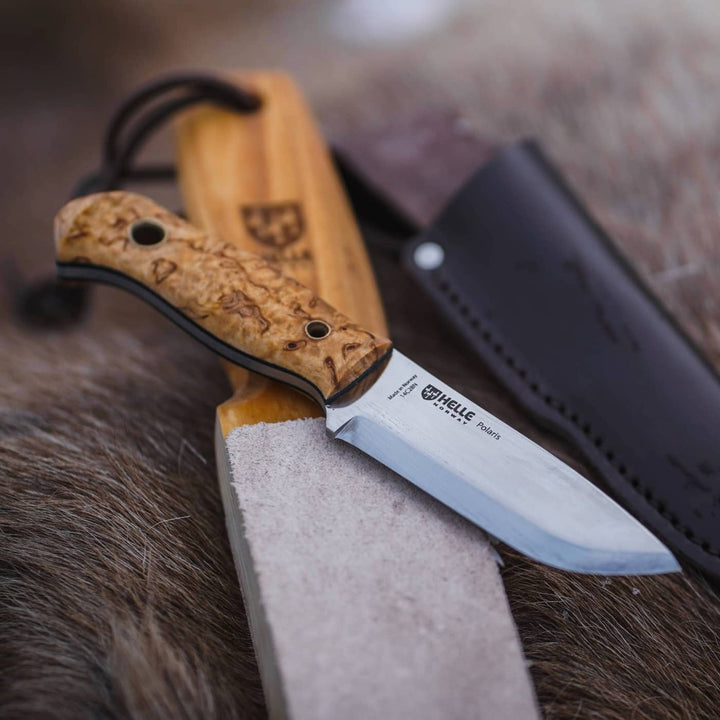 Helle Polaris knife with leather sheath and paddle strop