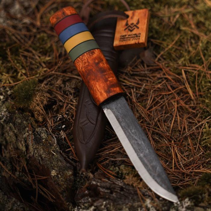 Viking Knife with wooden handle and leather sheath on a textured surface